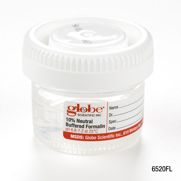 Globe Scientific Pre-Filled Container with Click Close Lid: Tite-Rite, 40mL (1.34oz), PP, Filled with 20mL of 10% Neutral Buffered Formalin, Attached Hazard Label, 24/Box, 4 Boxes/Unit Formalin; Containers; Formalin Containers; Histology; tissue